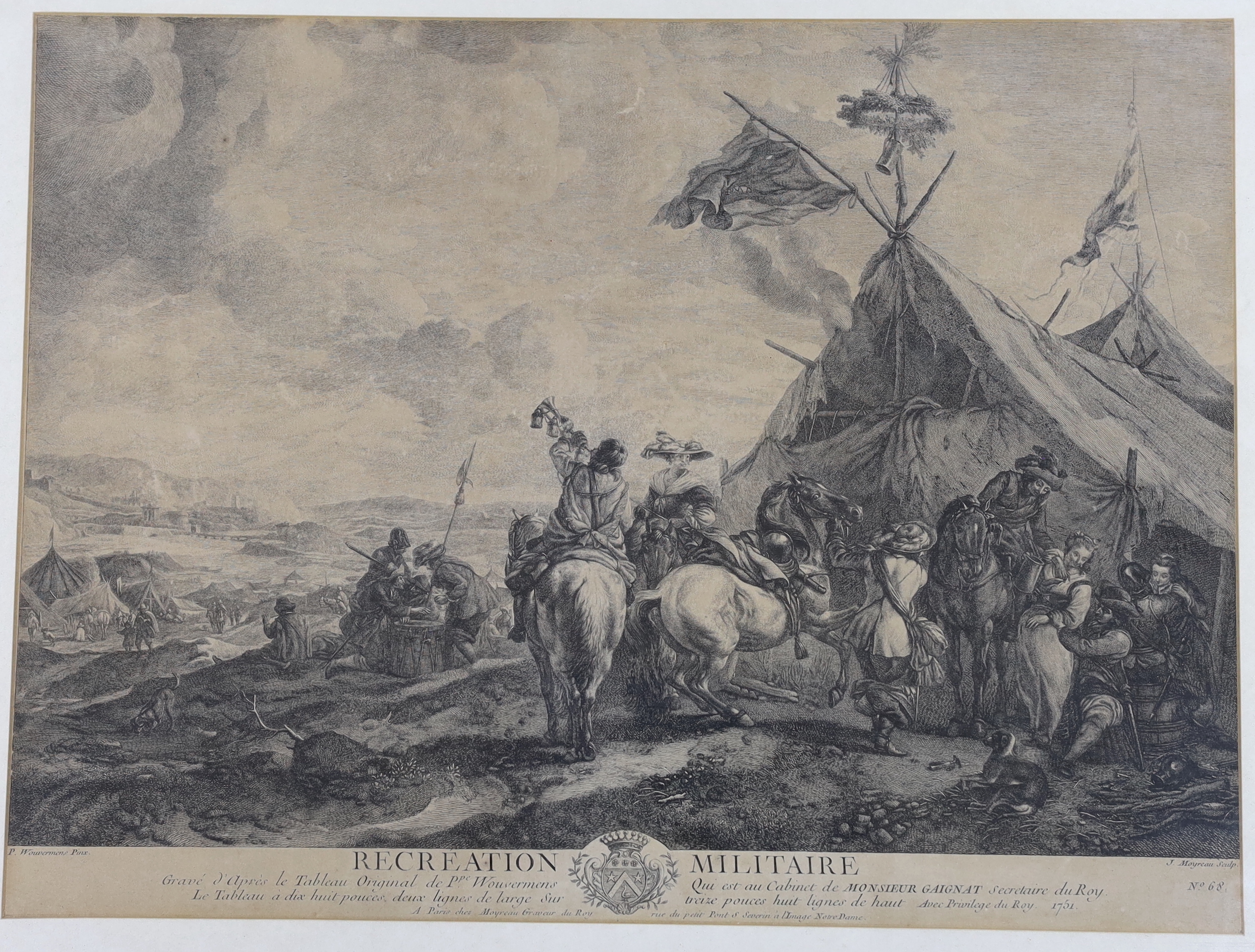 After Philip Wouwerman (Dutch, 1619–1668), 18th century engraving, 'Recreation Militaire' together with two other prints including one by Robert Herdman Smith